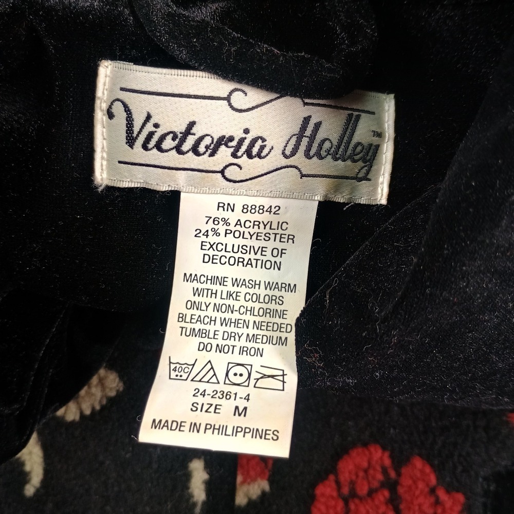 Vintage Victoria Holley Black Fleece Velvet Sweater Cardigan Rose Goth Medium - Picture 4 of 6